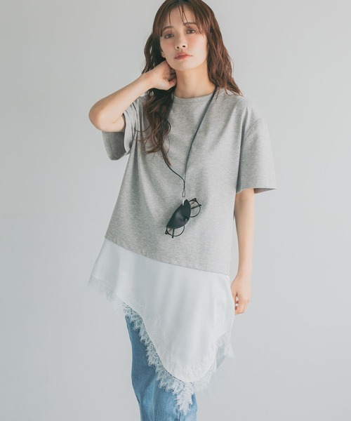 mysty woman（ミスティウーマン）の「イレヘムレースドッキングTEE　712942（Tシャツ/カットソー・レディース・ブラック/グレー/オフホワイト・FREE）」の8枚目の写真