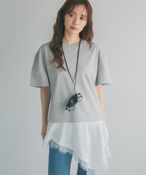 mysty woman（ミスティウーマン）の「イレヘムレースドッキングTEE　712942（Tシャツ/カットソー・レディース・ブラック/グレー/オフホワイト・FREE）」の9枚目の写真