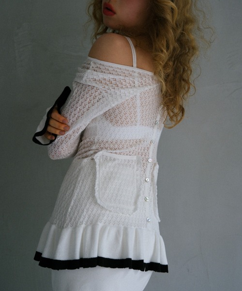 HONEY MI HONEY（ハニーミーハニー）の「crochet frill knit tunic cardigan（カーディガン/ボレロ・レディース・ブラック/グレー/ホワイト・FREE）」の2枚目の写真