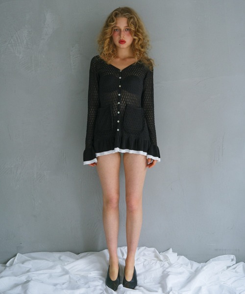 HONEY MI HONEY（ハニーミーハニー）の「crochet frill knit tunic cardigan（カーディガン/ボレロ・レディース・ブラック/グレー/ホワイト・FREE）」の5枚目の写真