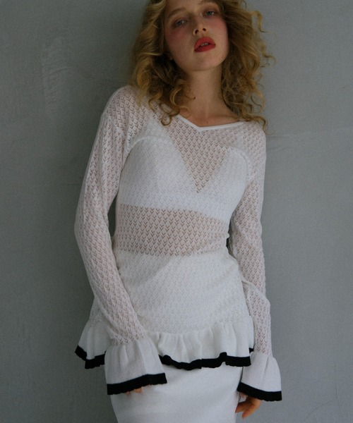 HONEY MI HONEY（ハニーミーハニー）の「crochet frill knit tunic cardigan（カーディガン/ボレロ・レディース・ブラック/グレー/ホワイト・FREE）」の8枚目の写真