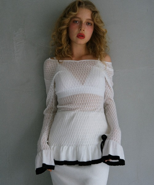 HONEY MI HONEY（ハニーミーハニー）の「crochet frill knit tunic cardigan（カーディガン/ボレロ・レディース・ブラック/グレー/ホワイト・FREE）」の7枚目の写真