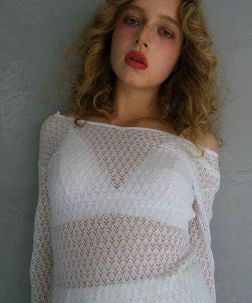 HONEY MI HONEY（ハニーミーハニー）の「crochet frill knit tunic cardigan（カーディガン/ボレロ・レディース・ブラック/グレー/ホワイト・FREE）」の9枚目の写真