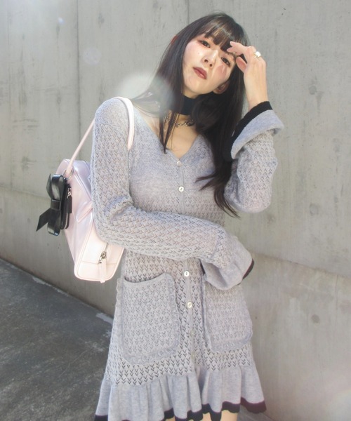 HONEY MI HONEY（ハニーミーハニー）の「crochet frill knit tunic cardigan（カーディガン/ボレロ・レディース・ブラック/グレー/ホワイト・FREE）」の13枚目の写真