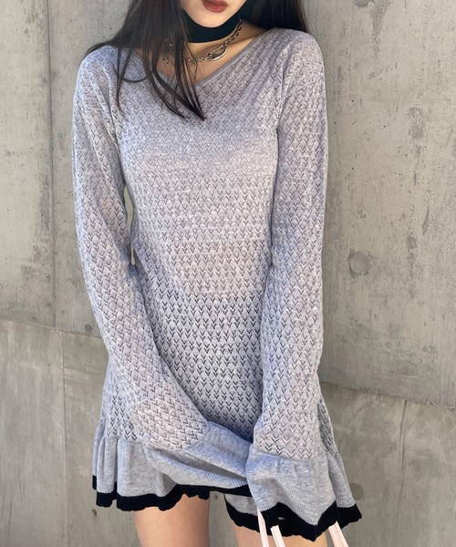 HONEY MI HONEY（ハニーミーハニー）の「crochet frill knit tunic cardigan（カーディガン/ボレロ・レディース・ブラック/グレー/ホワイト・FREE）」の14枚目の写真