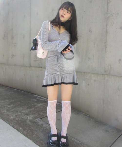 HONEY MI HONEY（ハニーミーハニー）の「crochet frill knit tunic cardigan（カーディガン/ボレロ・レディース・ブラック/グレー/ホワイト・FREE）」の17枚目の写真