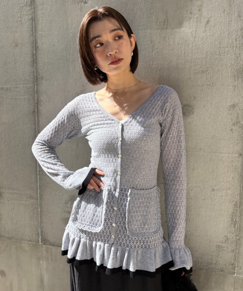 HONEY MI HONEY（ハニーミーハニー）の「crochet frill knit tunic cardigan（カーディガン/ボレロ・レディース・ブラック/グレー/ホワイト・FREE）」の21枚目の写真