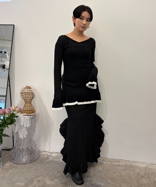 HONEY MI HONEY(ハニーミーハニー)の「crochet frill knit tunic cardigan(カーディガン/ボレロ・レディース・ブラック/グレー/ホワイト・FREE)」の20枚目の写真
