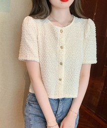 半袖トップス 前ボタン ショート丈 伸縮素材 カットソー