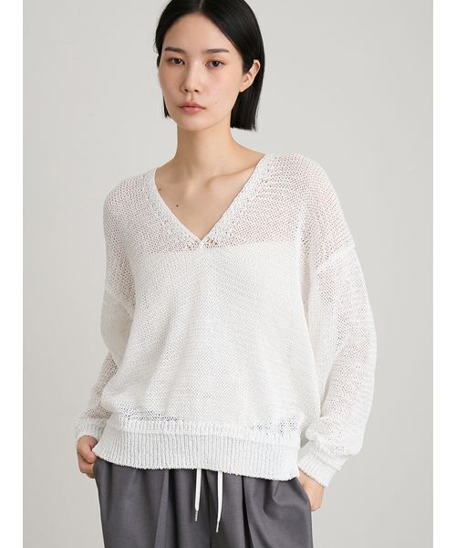 MIESROHE(ミースロエ)の「リネンタッチイージーVネックニット(ニット/セーター・レディース・イエロー/ミント/ホワイト・F)」の4枚目の写真