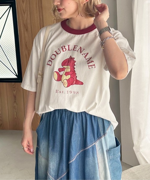 DOUBLE NAME（ダブルネーム）の「恐竜ぬいぐるみリンガーTEE（Tシャツ/カットソー・レディース・ブルー/ブラック/パープル/オレンジ/ブラウン/レッド/グリーン・FREE）」の7枚目の写真