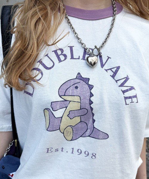 DOUBLE NAME（ダブルネーム）の「恐竜ぬいぐるみリンガーTEE（Tシャツ/カットソー・レディース・ブルー/ブラック/パープル/オレンジ/ブラウン/レッド/グリーン・FREE）」の12枚目の写真