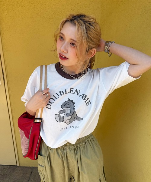 DOUBLE NAME（ダブルネーム）の「恐竜ぬいぐるみリンガーTEE（Tシャツ/カットソー・レディース・ブルー/ブラック/パープル/オレンジ/ブラウン/レッド/グリーン・FREE）」の13枚目の写真