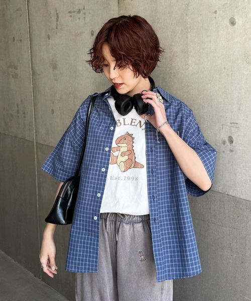 DOUBLE NAME（ダブルネーム）の「恐竜ぬいぐるみリンガーTEE（Tシャツ/カットソー・レディース・ブルー/ブラック/パープル/オレンジ/ブラウン/レッド/グリーン・FREE）」の15枚目の写真