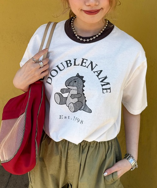 DOUBLE NAME（ダブルネーム）の「恐竜ぬいぐるみリンガーTEE（Tシャツ/カットソー・レディース・ブルー/ブラック/パープル/オレンジ/ブラウン/レッド/グリーン・FREE）」の17枚目の写真