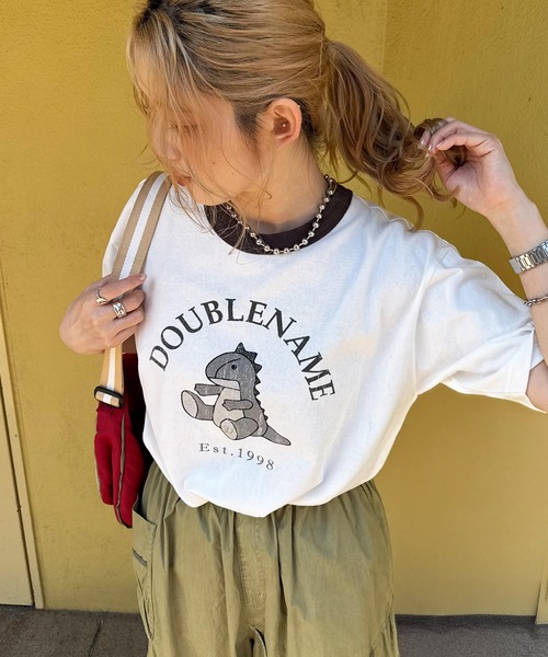 DOUBLE NAME（ダブルネーム）の「恐竜ぬいぐるみリンガーTEE（Tシャツ/カットソー・レディース・ブルー/ブラック/パープル/オレンジ/ブラウン/レッド/グリーン・FREE）」の18枚目の写真