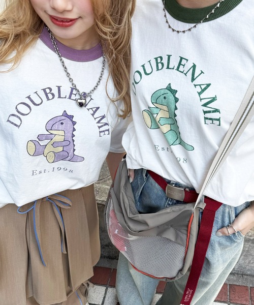 DOUBLE NAME（ダブルネーム）の「恐竜ぬいぐるみリンガーTEE（Tシャツ/カットソー・レディース・ブルー/ブラック/パープル/オレンジ/ブラウン/レッド/グリーン・FREE）」の19枚目の写真