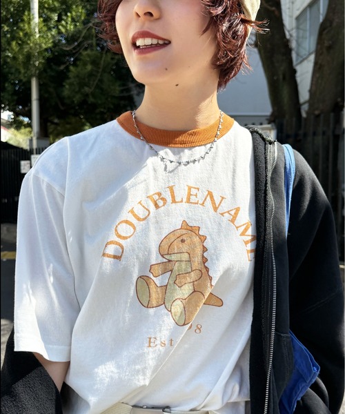 DOUBLE NAME（ダブルネーム）の「恐竜ぬいぐるみリンガーTEE（Tシャツ/カットソー・レディース・ブルー/ブラック/パープル/オレンジ/ブラウン/レッド/グリーン・FREE）」の21枚目の写真