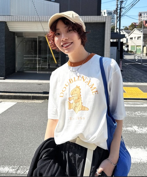DOUBLE NAME（ダブルネーム）の「恐竜ぬいぐるみリンガーTEE（Tシャツ/カットソー・レディース・ブルー/ブラック/パープル/オレンジ/ブラウン/レッド/グリーン・FREE）」の22枚目の写真
