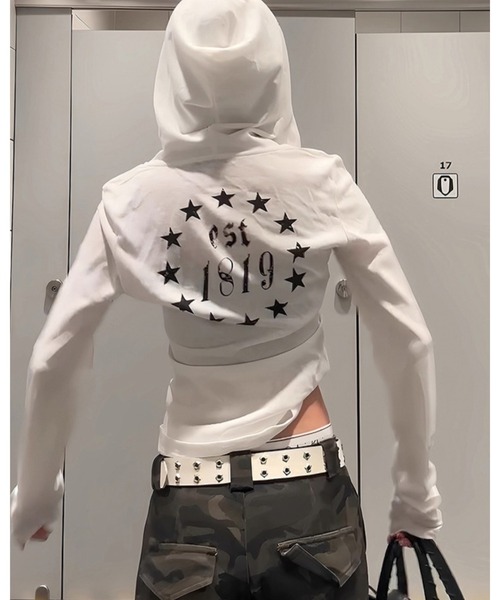 CHEER（チアー）の「パンクスタイル スリーブプリント フーディーカットソー（Tシャツ/カットソー・レディース・ブラック/ホワイト・FREE）」の5枚目の写真