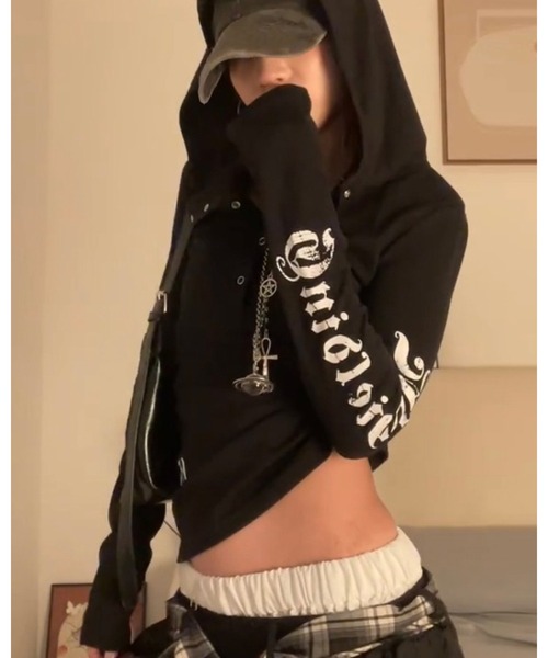 CHEER（チアー）の「パンクスタイル スリーブプリント フーディーカットソー（Tシャツ/カットソー・レディース・ブラック/ホワイト・FREE）」の8枚目の写真