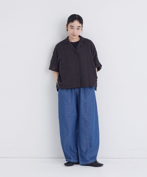 conges payes ADIEU TRISTESSE(コンジェ ペイエ アデュートリステス)の「【FAVE】シャーリングオープンカラーシャツジャケット(シャツ/ブラウス・レディース・ストライプ/パープル系その他/ブラウン系その他・38)」の4枚目の写真