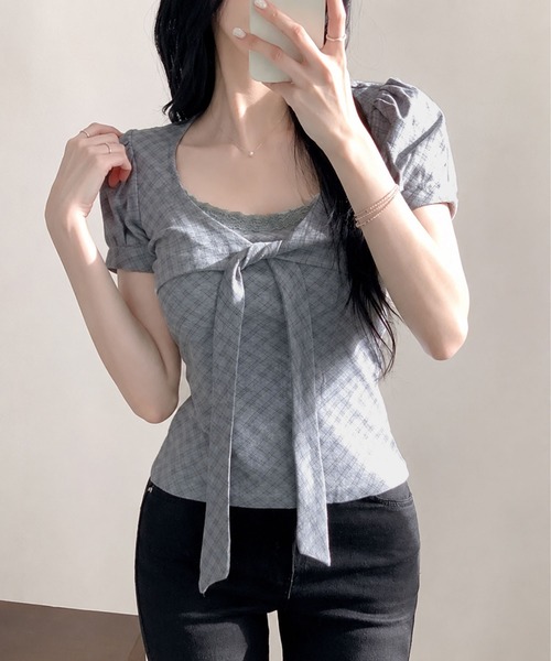 WESTSEA(ウエストシー)の「チェック柄 リボンデザイントップス / パフスリーブ 半袖カットソー(Tシャツ/カットソー・レディース・グレー/オフホワイト・M/L)」の2枚目の写真