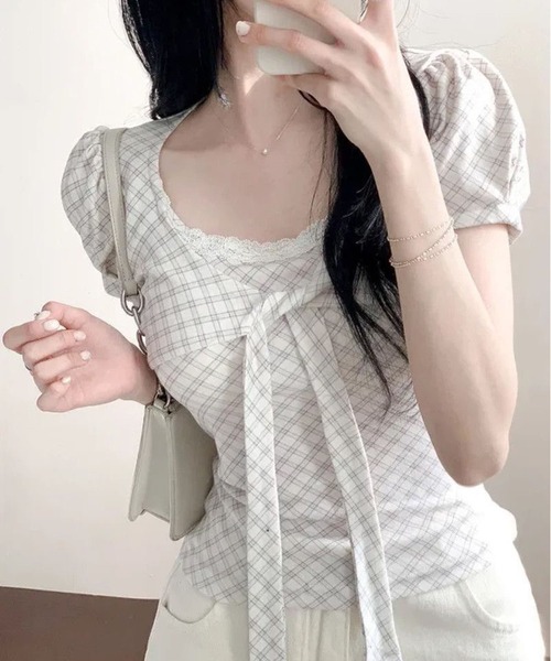 WESTSEA(ウエストシー)の「チェック柄 リボンデザイントップス / パフスリーブ 半袖カットソー(Tシャツ/カットソー・レディース・グレー/オフホワイト・M/L)」の1枚目の写真
