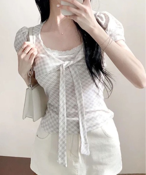 WESTSEA(ウエストシー)の「チェック柄 リボンデザイントップス / パフスリーブ 半袖カットソー(Tシャツ/カットソー・レディース・グレー/オフホワイト・M/L)」の6枚目の写真