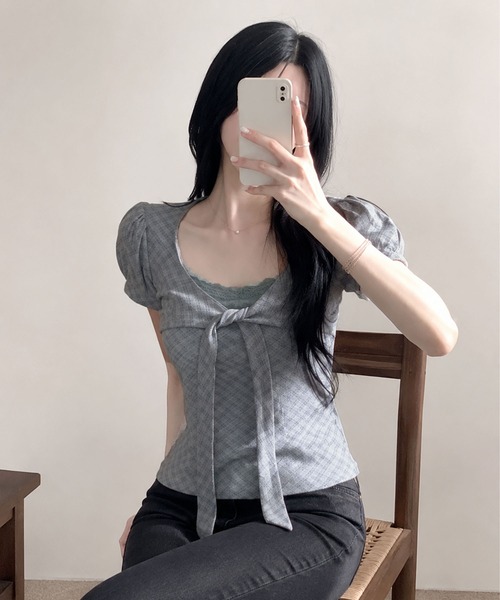 WESTSEA(ウエストシー)の「チェック柄 リボンデザイントップス / パフスリーブ 半袖カットソー(Tシャツ/カットソー・レディース・グレー/オフホワイト・M/L)」の11枚目の写真