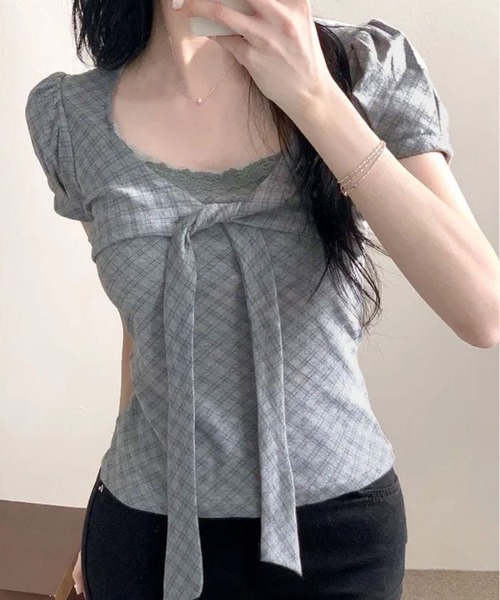 WESTSEA(ウエストシー)の「チェック柄 リボンデザイントップス / パフスリーブ 半袖カットソー(Tシャツ/カットソー・レディース・グレー/オフホワイト・M/L)」の13枚目の写真