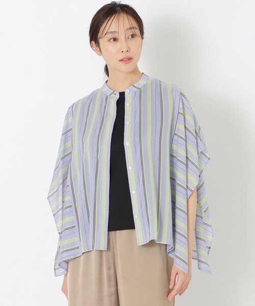 S.ESSENTIALS(エスエッセンシャルズ)の「ランダムストライプバンドカラーブラウス(シャツ/ブラウス・レディース・オフホワイト/グリーン系その他/ブルー・38)」の1枚目の写真