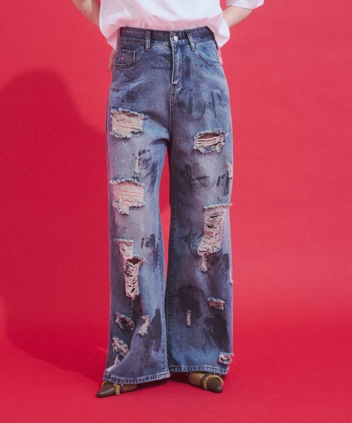 GAB GAB(ガブガブ)の「Distressed Baggy Denim/ダメージバギーデニム(デニムパンツ・レディース・ブルー・MEDIUM/SMALL)」の1枚目の写真