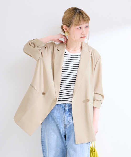 B.C STOCK（ベーセーストック）の「手洗い可 / 接触冷感 / UVケア / SUUSUU ジャケット（テーラードジャケット・レディース・ベージュ/ブラック・FREE）」の2枚目の写真