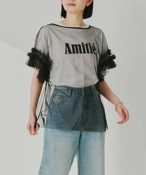 Chiina(チーナ)の「【Chiina】袖フリルシアートップス(Tシャツ/カットソー・レディース・ホワイト/ブラック・FREE)」の3枚目の写真