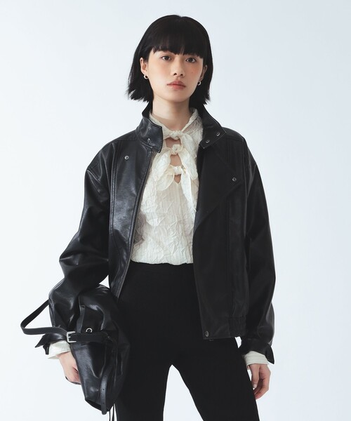 Ray BEAMS(レイビームス)の「フェイクレザー ライダース ジャケット(ブルゾン・レディース・ダークブラウン/ブラック・1/0)」の1枚目の写真