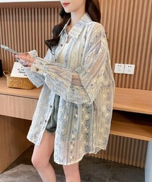 花柄レースシアーオーバーシャツ