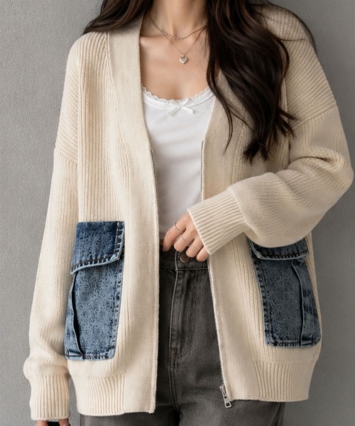 GLAMOROUS JANE(グラマラスジェーン)の「デニムポケットジップニットカーディガン(ニット/セーター・レディース・チャコールグレー/ベージュ/ブラック・FREE)」の3枚目の写真