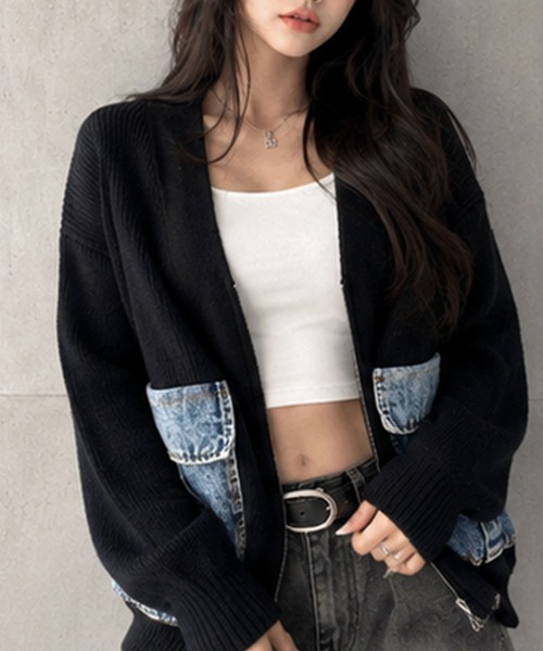 GLAMOROUS JANE(グラマラスジェーン)の「デニムポケットジップニットカーディガン(ニット/セーター・レディース・チャコールグレー/ベージュ/ブラック・FREE)」の5枚目の写真