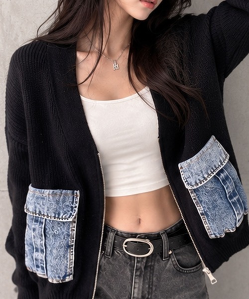 GLAMOROUS JANE(グラマラスジェーン)の「デニムポケットジップニットカーディガン(ニット/セーター・レディース・チャコールグレー/ベージュ/ブラック・FREE)」の4枚目の写真