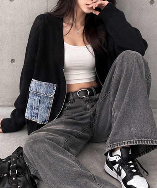 GLAMOROUS JANE(グラマラスジェーン)の「デニムポケットジップニットカーディガン(ニット/セーター・レディース・チャコールグレー/ベージュ/ブラック・FREE)」の6枚目の写真