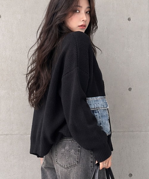 GLAMOROUS JANE(グラマラスジェーン)の「デニムポケットジップニットカーディガン(ニット/セーター・レディース・チャコールグレー/ベージュ/ブラック・FREE)」の7枚目の写真
