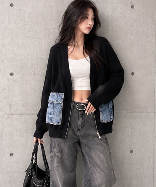 GLAMOROUS JANE(グラマラスジェーン)の「デニムポケットジップニットカーディガン(ニット/セーター・レディース・チャコールグレー/ベージュ/ブラック・FREE)」の8枚目の写真