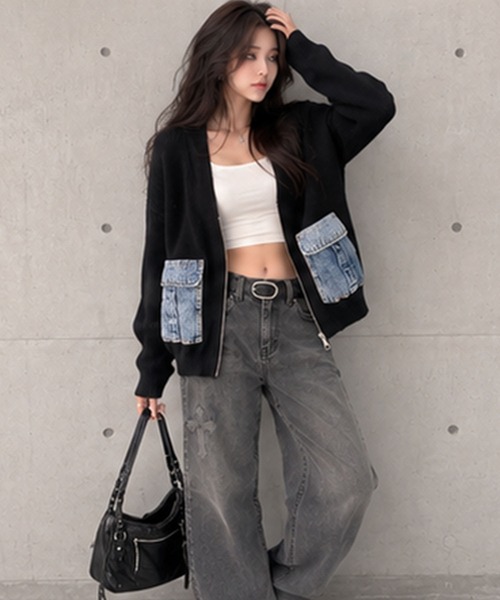 GLAMOROUS JANE(グラマラスジェーン)の「デニムポケットジップニットカーディガン(ニット/セーター・レディース・チャコールグレー/ベージュ/ブラック・FREE)」の9枚目の写真