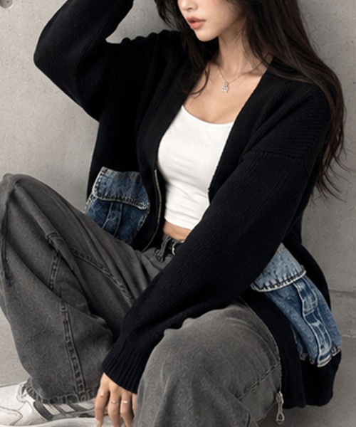 GLAMOROUS JANE(グラマラスジェーン)の「デニムポケットジップニットカーディガン(ニット/セーター・レディース・チャコールグレー/ベージュ/ブラック・FREE)」の11枚目の写真