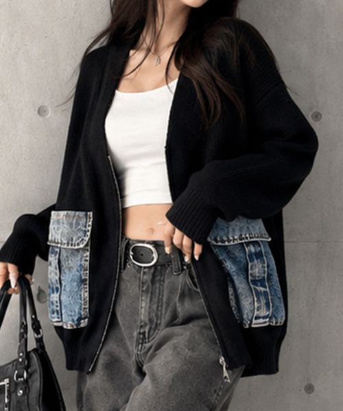 GLAMOROUS JANE(グラマラスジェーン)の「デニムポケットジップニットカーディガン(ニット/セーター・レディース・チャコールグレー/ベージュ/ブラック・FREE)」の12枚目の写真