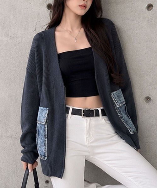 GLAMOROUS JANE(グラマラスジェーン)の「デニムポケットジップニットカーディガン(ニット/セーター・レディース・チャコールグレー/ベージュ/ブラック・FREE)」の13枚目の写真