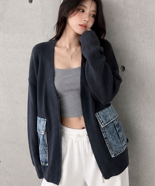 GLAMOROUS JANE(グラマラスジェーン)の「デニムポケットジップニットカーディガン(ニット/セーター・レディース・チャコールグレー/ベージュ/ブラック・FREE)」の14枚目の写真