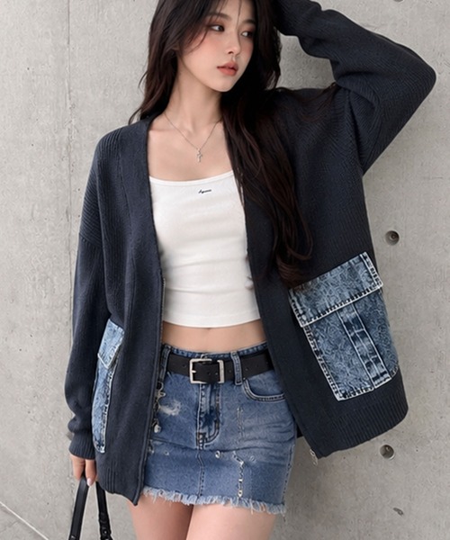 GLAMOROUS JANE(グラマラスジェーン)の「デニムポケットジップニットカーディガン(ニット/セーター・レディース・チャコールグレー/ベージュ/ブラック・FREE)」の15枚目の写真