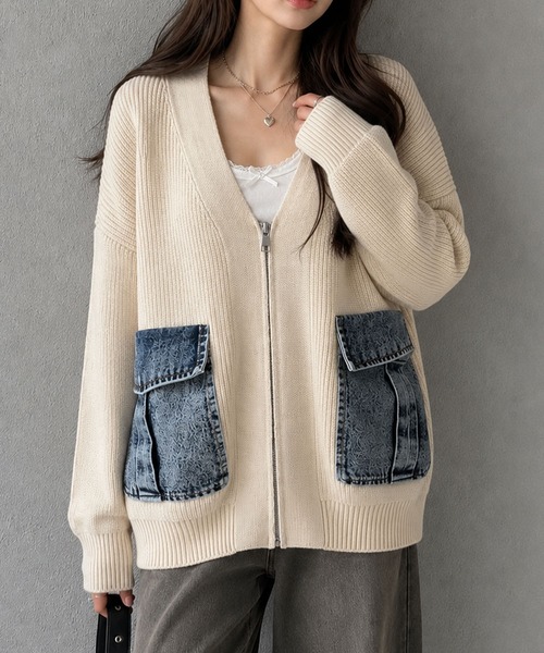 GLAMOROUS JANE(グラマラスジェーン)の「デニムポケットジップニットカーディガン(ニット/セーター・レディース・チャコールグレー/ベージュ/ブラック・FREE)」の16枚目の写真